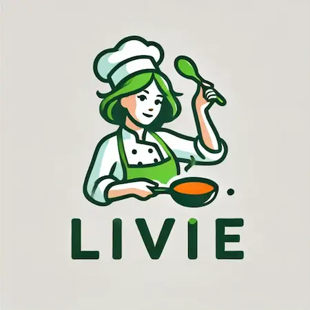  Livie cooking in her kitchen with fresh ingredients.