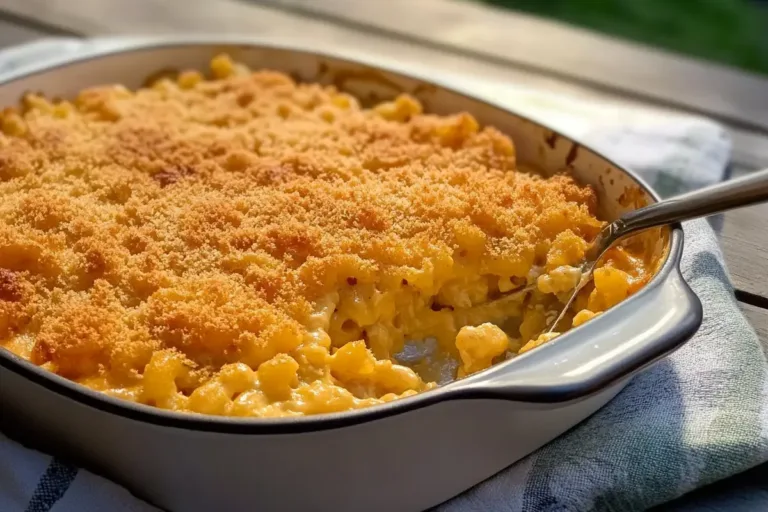 Bowl of creamy Smoky Mac and Cheese topped with breadcrumbs.